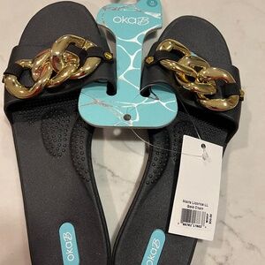 Oka-B Moira Licorice Gold Chain Slide Sandals. NWT